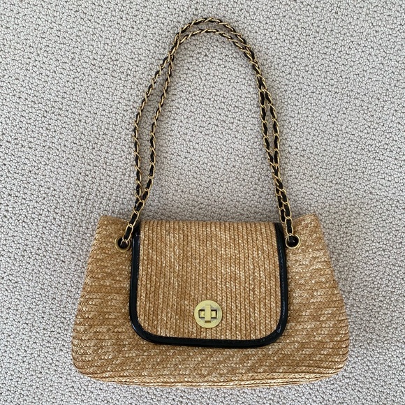 Handbags - Wicker and Black Patent Leather Gold Chain Bag